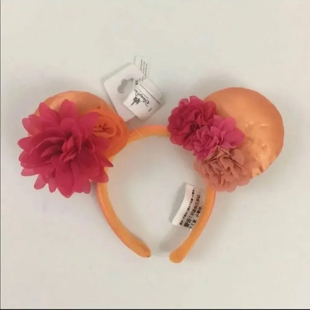 Disney Parks Flower & Garden Minnie Ear Headband Orange Pink Ruffle New